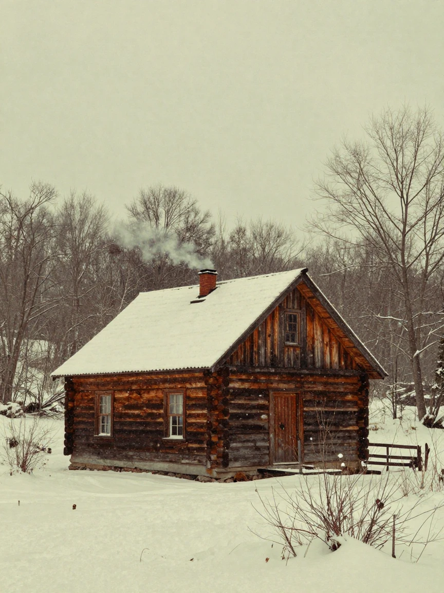 A cozy cabin with smoke curling from its chimney in falling snow, under a pale winter sky, amid gently falling snow, in winter, with muted olive and rust colors, from a slightly elevated vantage point.