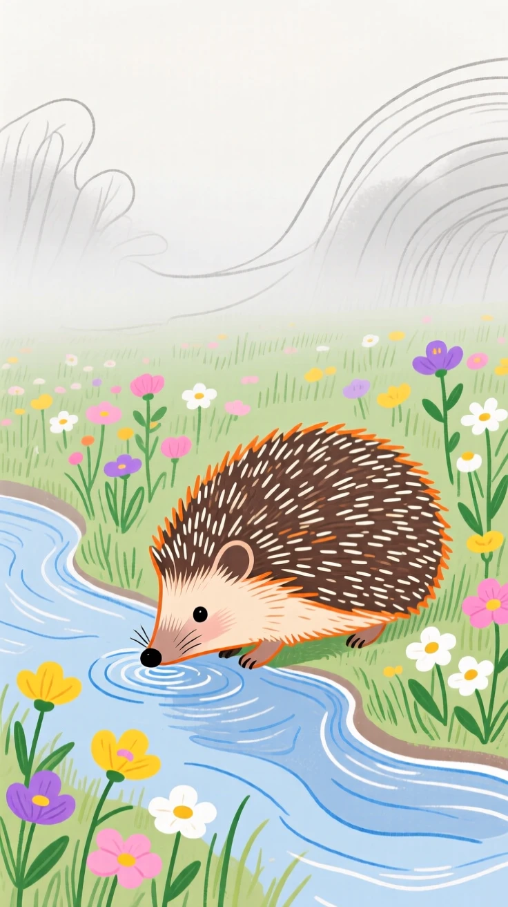 A small hedgehog drinking from a stream near a wildflower field as fog rolls in.