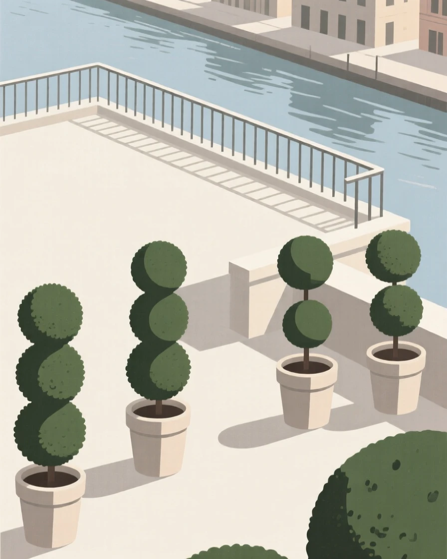 A view looking up at a rooftop terrace from a riverside district, with potted topiary trees in frame, evoking peaceful order.
