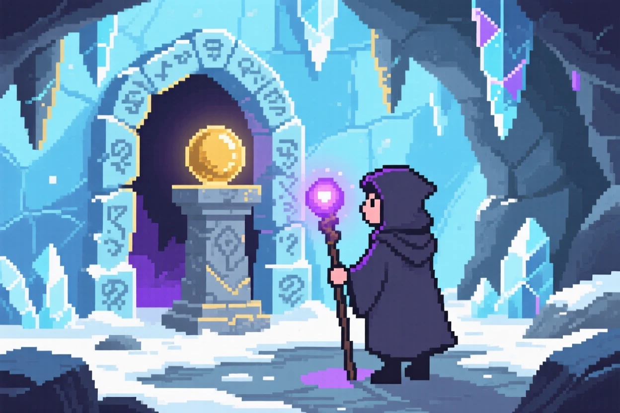 A young mage discovering a hidden shrine deep underground, within a frozen ice cave dungeon.