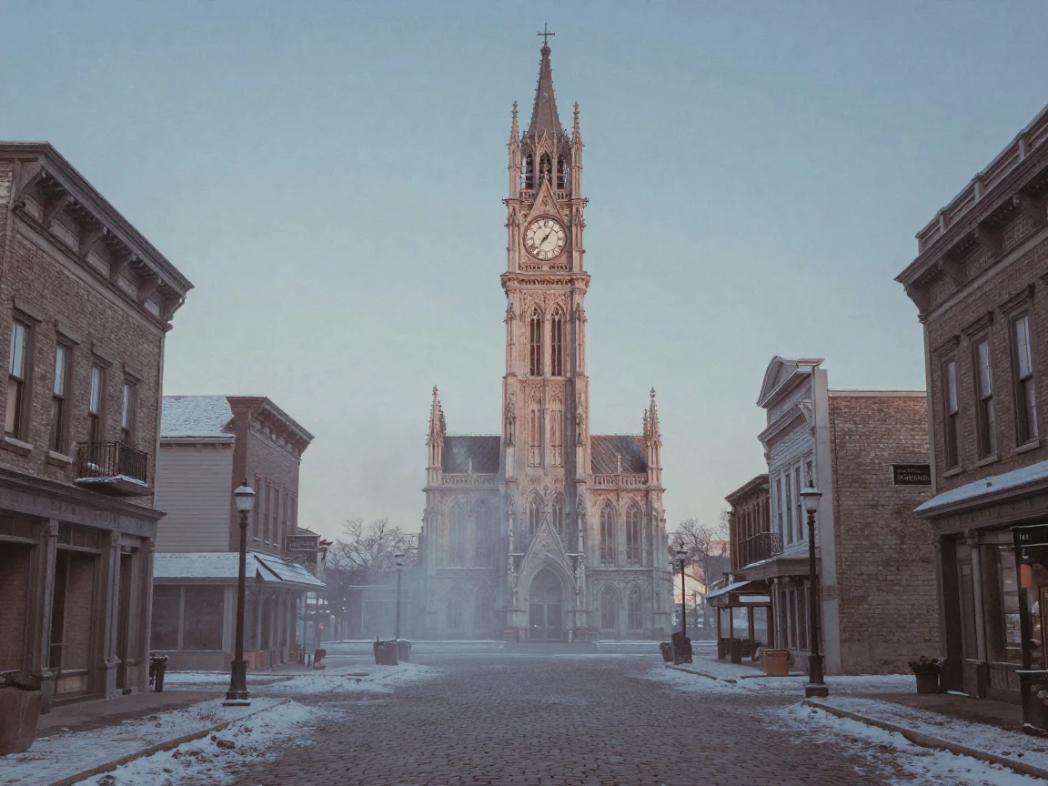 An ornate old clock tower rising above a historic square, in cool blue twilight, as mist rises off the ground, under the first snow of winter, with a soft sepia-tinted glow, framed symmetrically down a long corridor.