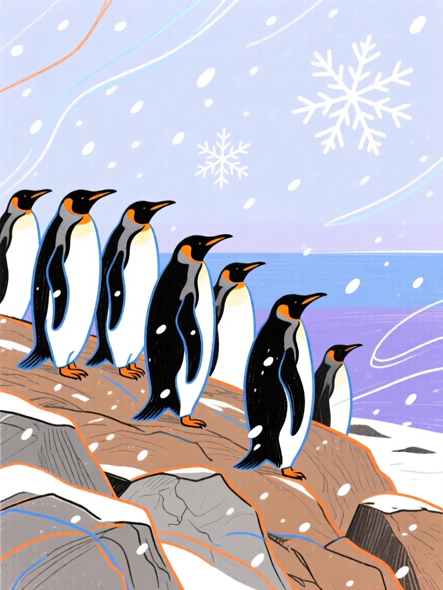 A group of penguins watching the horizon on a rocky hillside during a light snowfall.