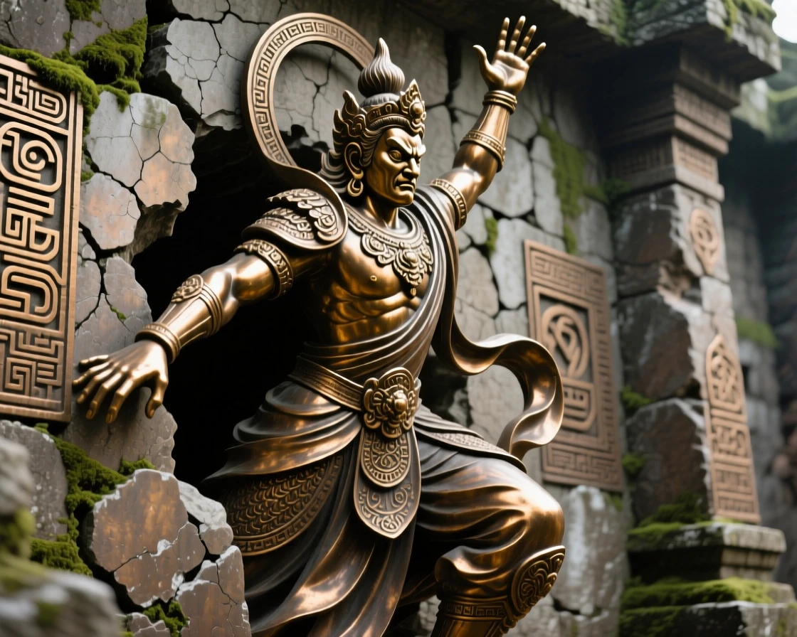 A guardian spirit emerging from an ancient temple wall, captured in a powerful, dynamic pose, radiating awe and grandeur