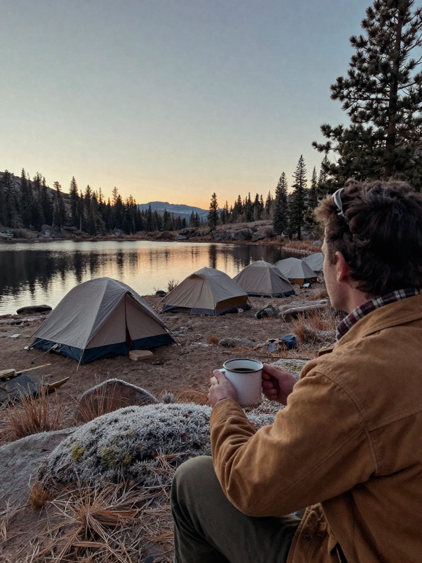 A row of tents pitched beside a still alpine lake at dawn, under a canopy of stars, with frost coating every surface, in early spring, dominated by warm amber and rust tones, over the shoulder of the main subject.
