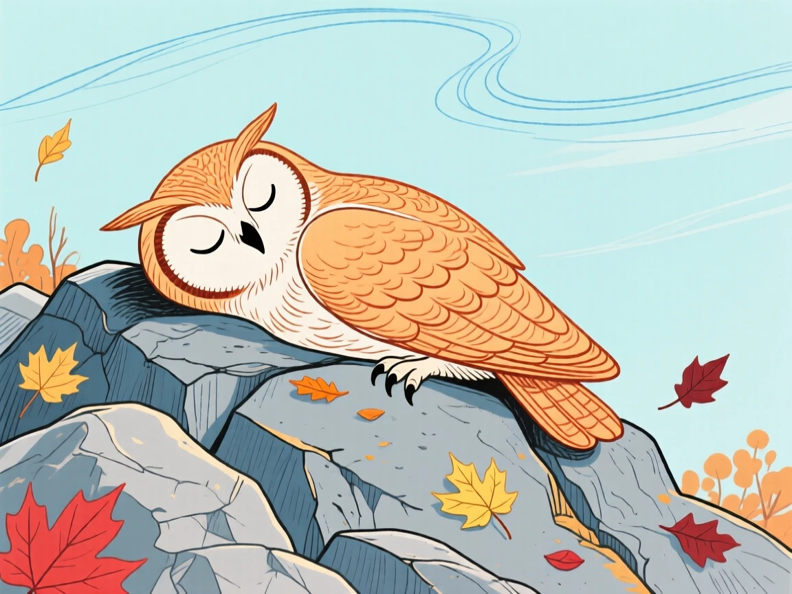 A wise old owl napping on a rocky hillside on a crisp autumn day.