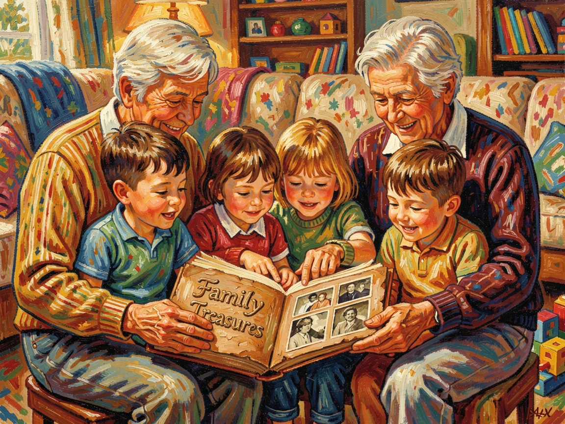 Grandparents surrounded by grandchildren, opening a photo album full of old memories.