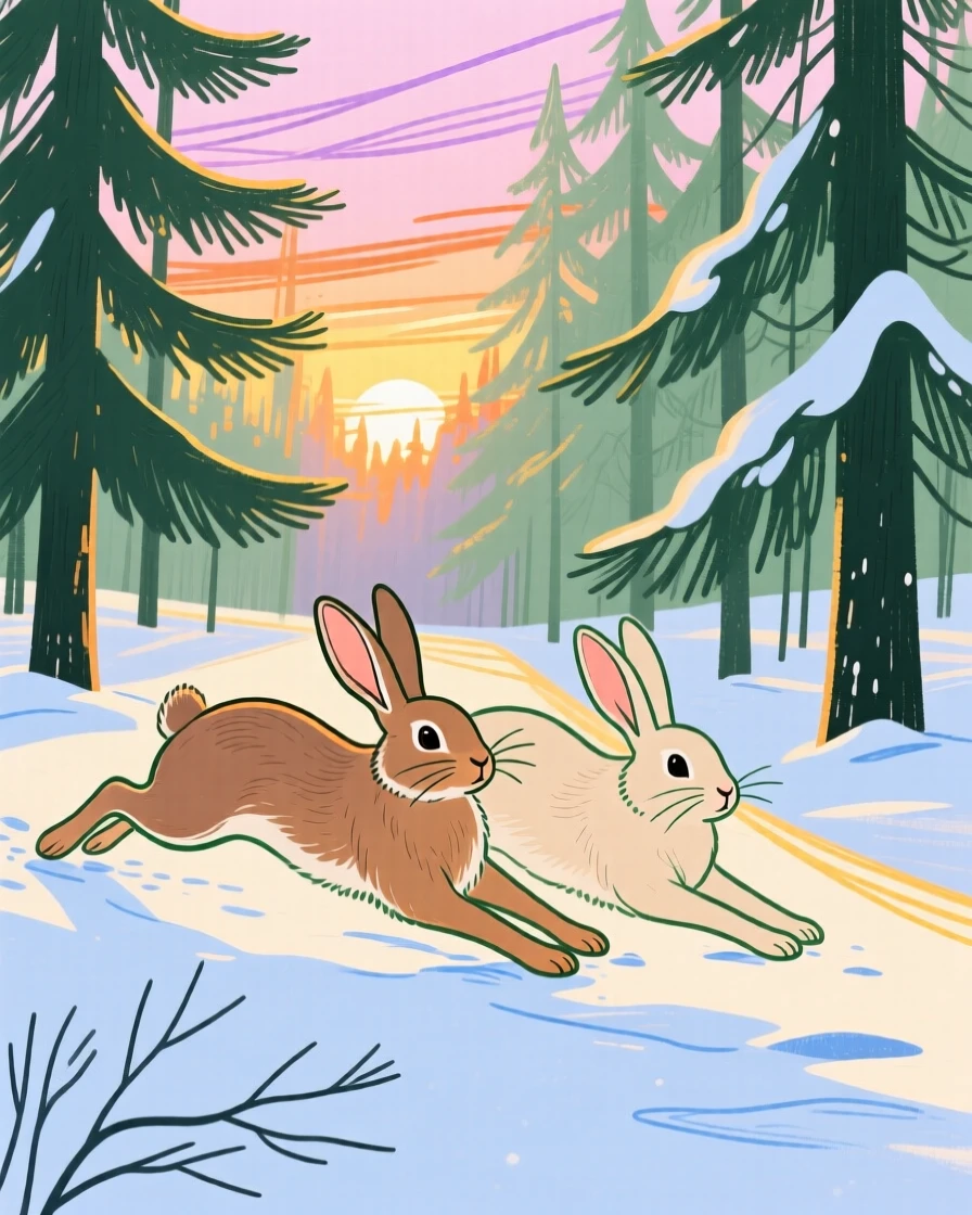 A pair of rabbits stretching in the morning light in a snowy pine forest at sunset.