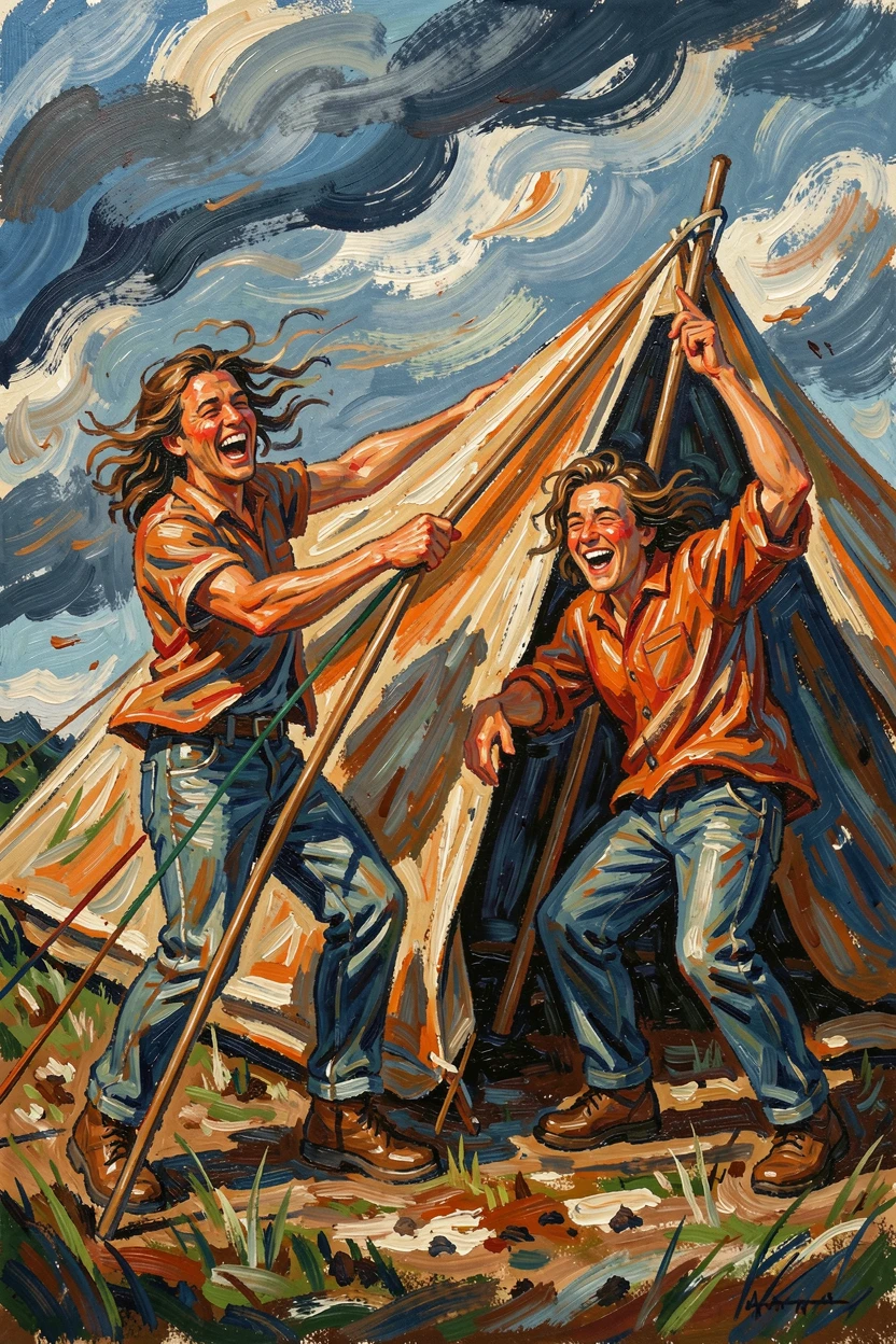 Two friends laughing uncontrollably while trying to set up a tent in the wind.