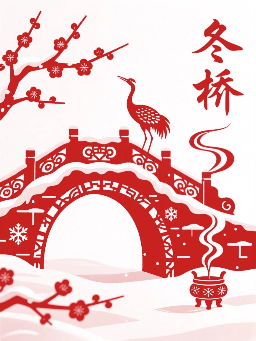 A stone bridge, under a blanket of fresh winter snow, smoke curling gently from a nearby incense burner.