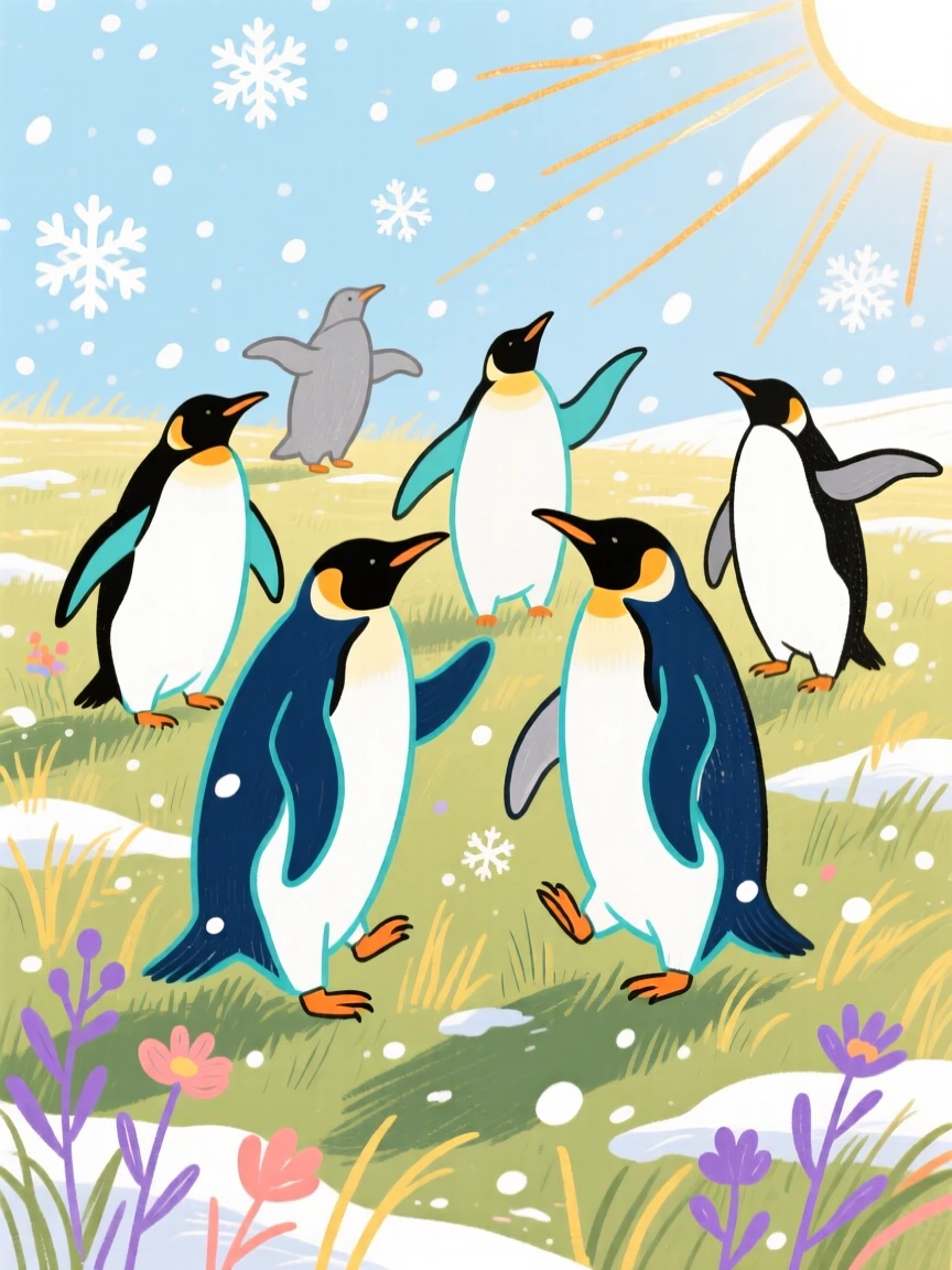 A group of penguins playing in a sunlit meadow during a light snowfall.
