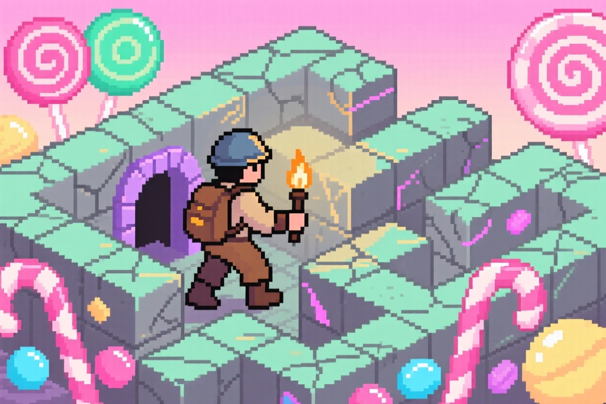A dungeon explorer navigating a maze of ancient stone puzzles, inside a candy-colored bonus level.
