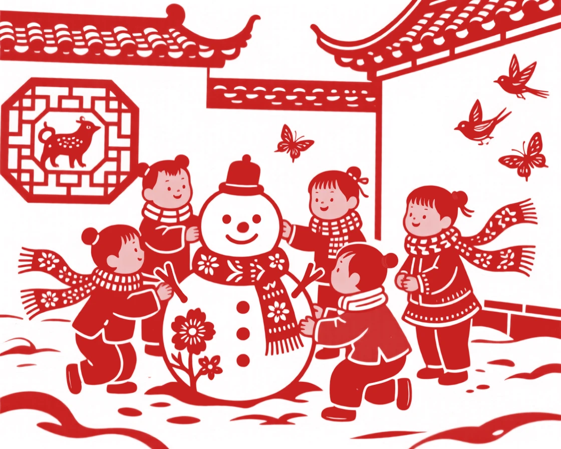 A group of kids building a small snowman in a courtyard, scarves wrapped tightly against the winter chill