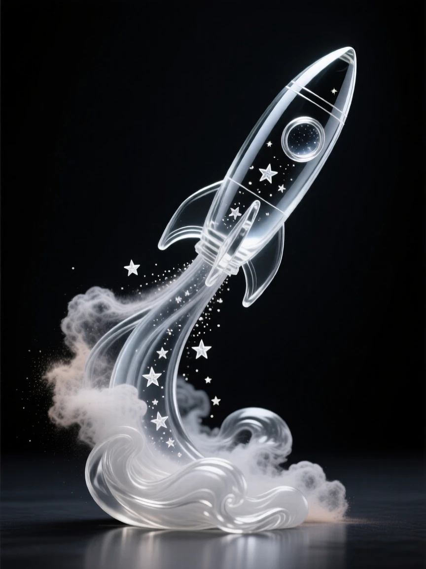 As swirling clouds of cosmic dust drift nearby, a rocket ascending through a trail of stars toward open space, while stars flicker gently against the endless dark