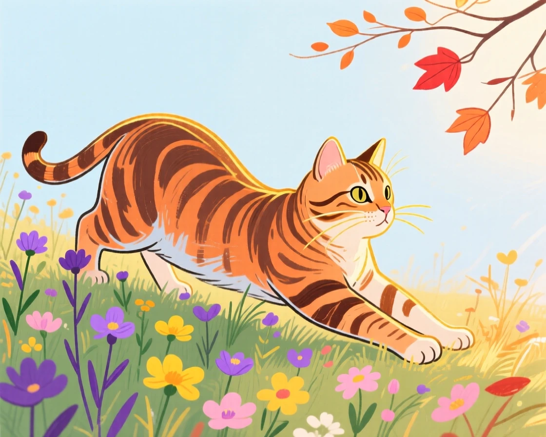 A tabby cat stretching in the morning light near a wildflower field on a crisp autumn day.