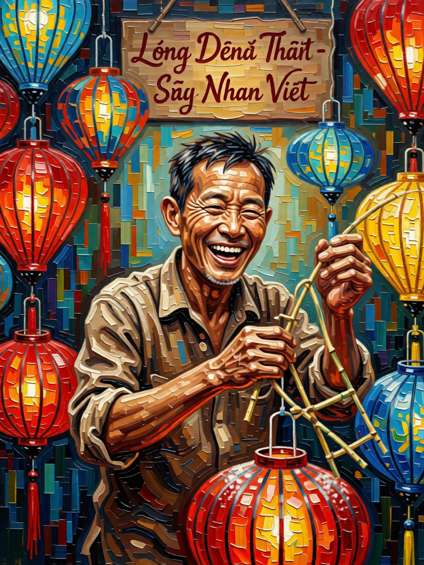 A striking portrait of a Vietnamese lantern maker, caught mid-laugh, eyes crinkled with genuine warmth