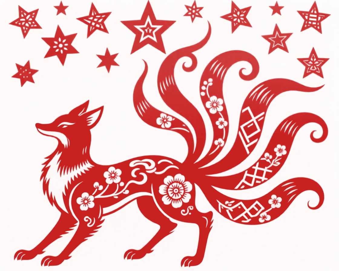 A spirit fox with nine tails, spiraling upward toward a sky full of unfamiliar stars, radiating an otherworldly calm.