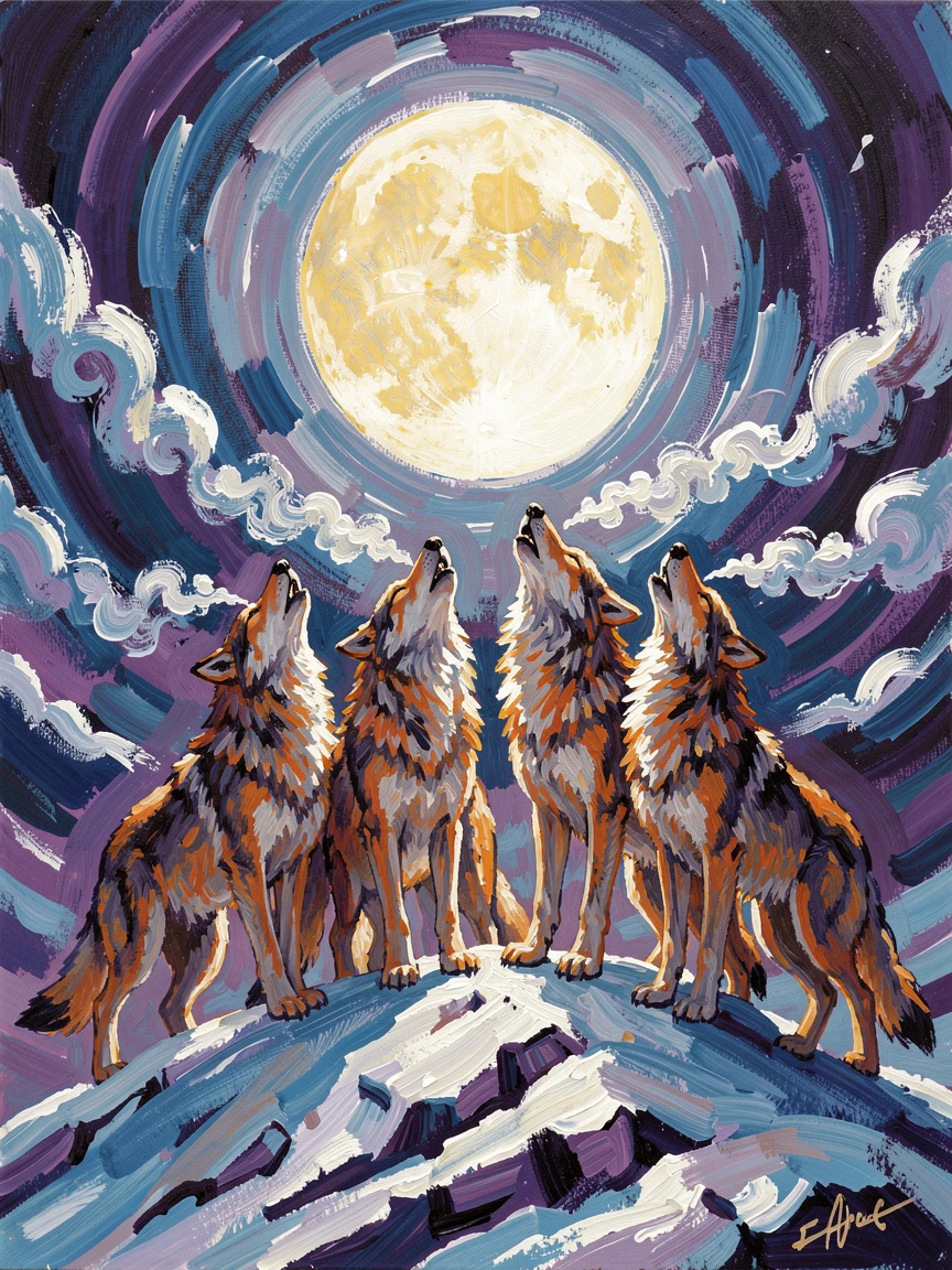 A pack of wolves howling together atop a snowy ridge beneath a full moon.