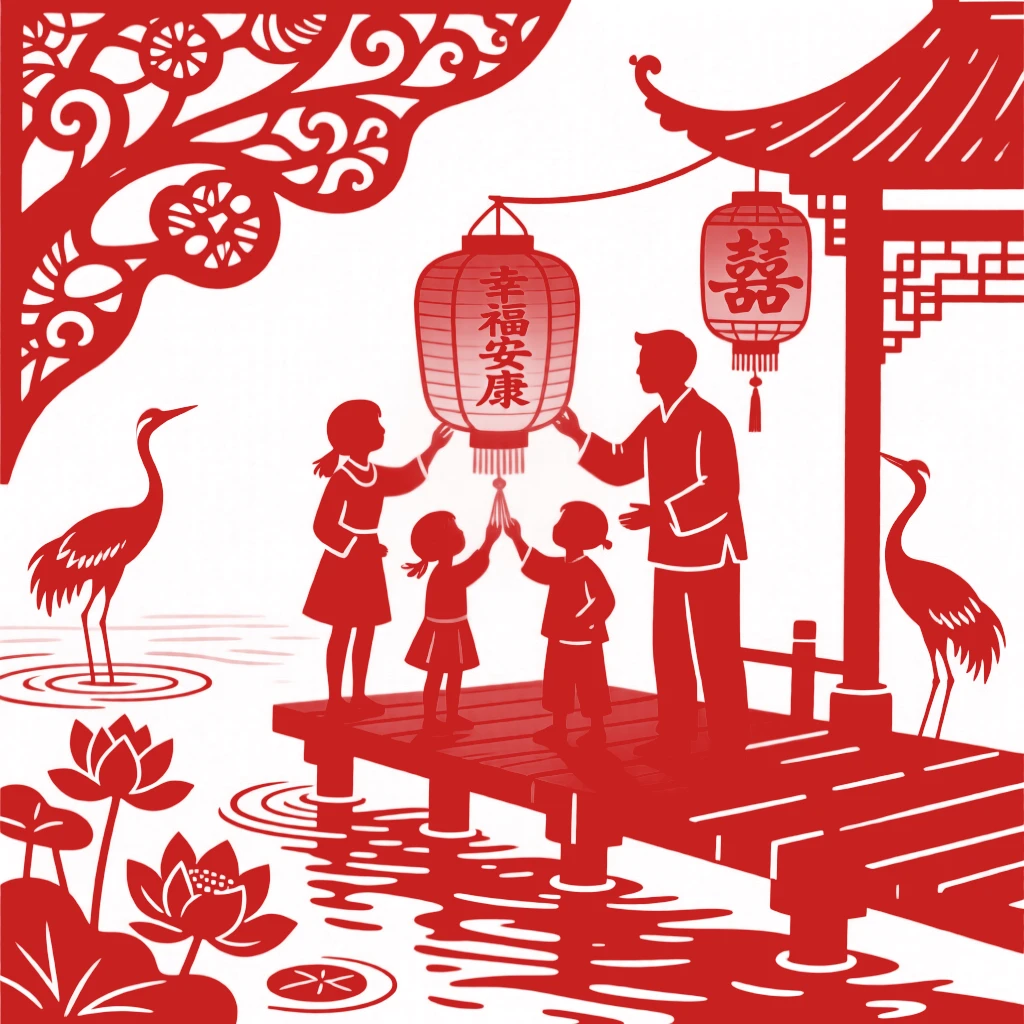 A family lighting paper lanterns together on a riverside dock at dusk, faces glowing warmly in the light