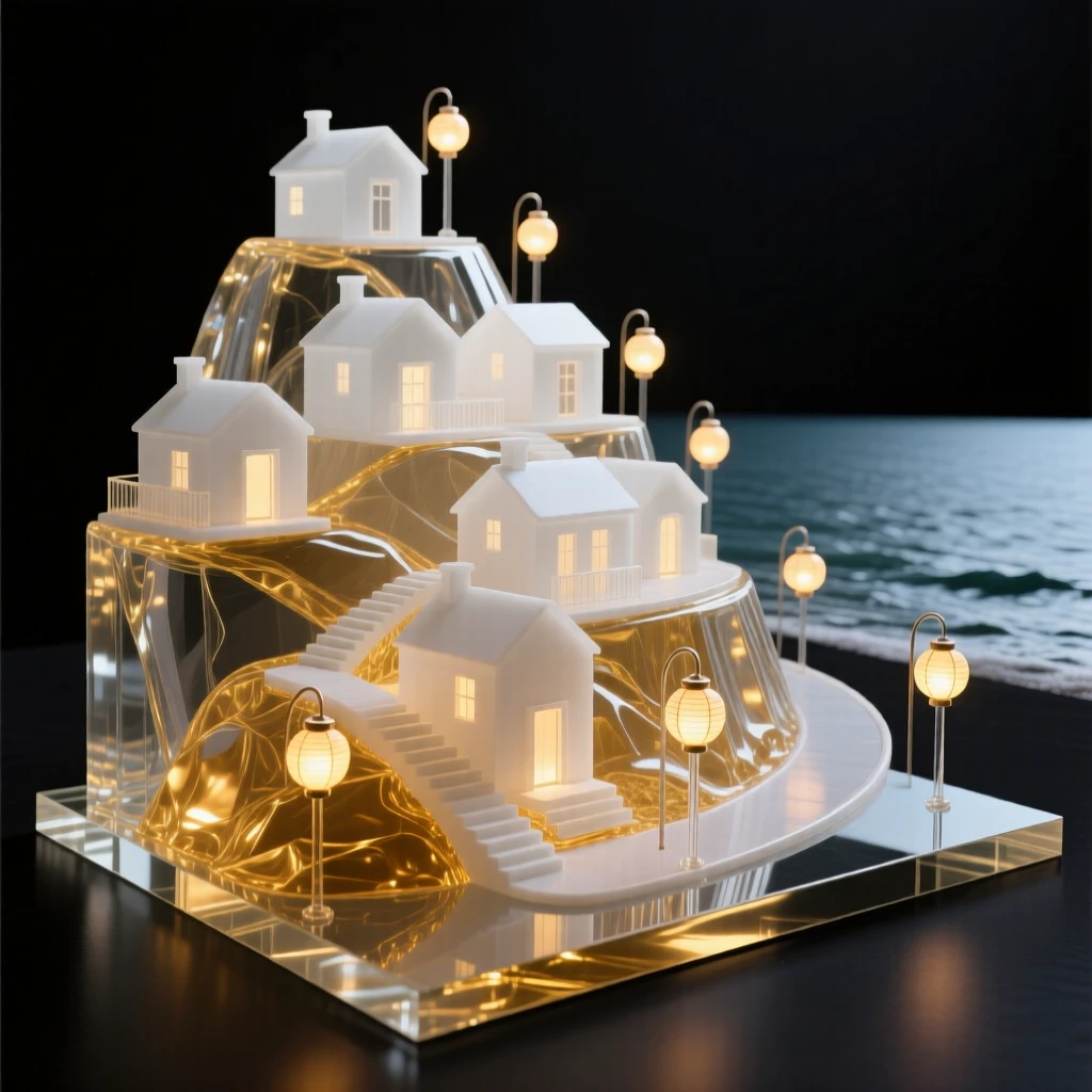 A hillside village of white houses overlooking the sea as golden light spills across the surrounding courtyard, while lanterns begin to glow one by one along the street