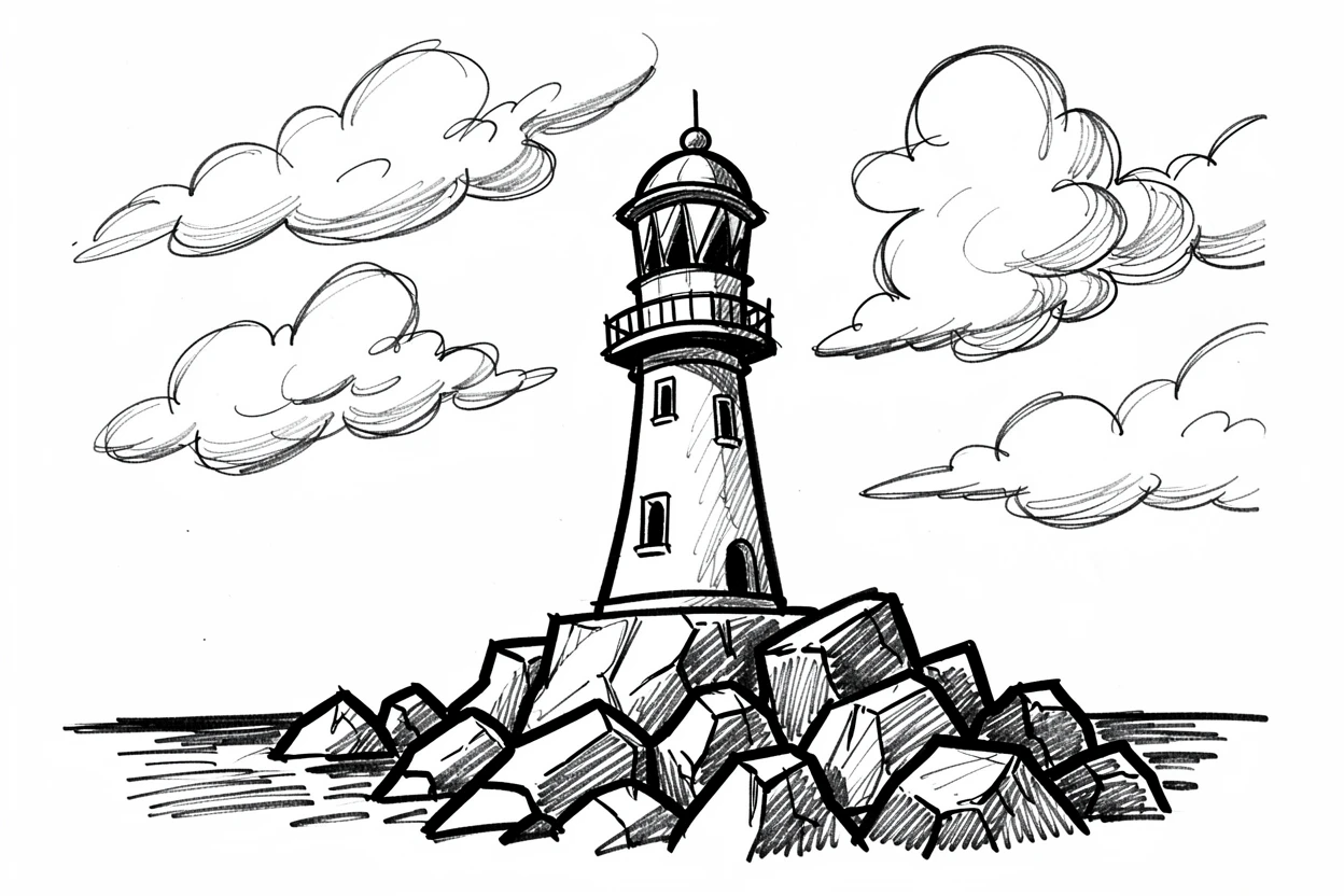 A lighthouse on a rocky coastline beneath a sky full of drifting clouds.