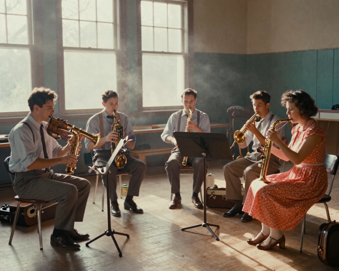 A group of musicians rehearsing in a sunlit rehearsal hall, in warm morning light, as mist rises off the ground, in early spring, in vivid coral and turquoise hues, at eye level, intimate and direct.