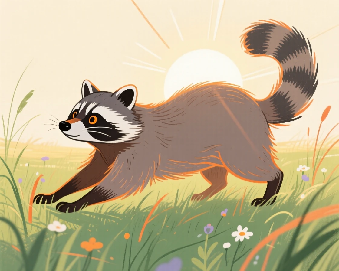 A curious raccoon stretching in the morning light in a sunlit meadow at sunrise.