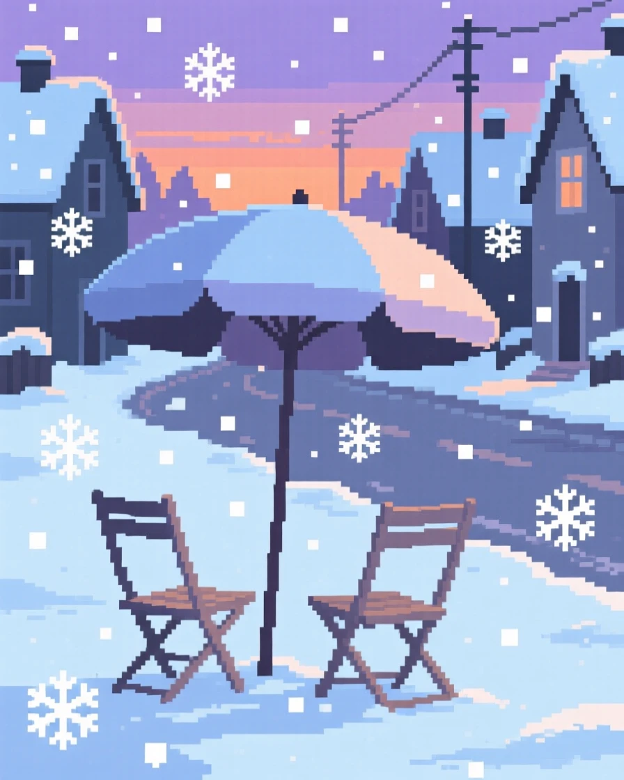 A beach umbrella and folding chairs surrounded by falling snowflakes, on a snowy village street at dusk.