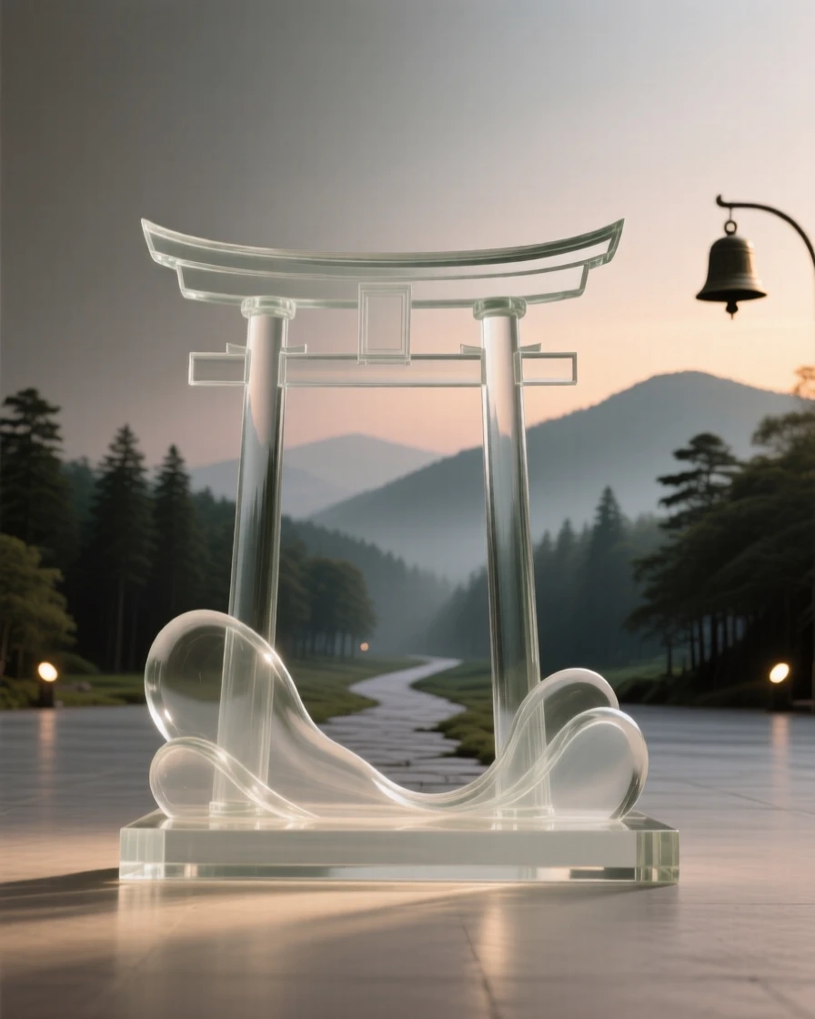 With distant hills fading into the evening haze, a temple gate standing at the entrance to a quiet forest path, while the sound of distant bells drifts across the square