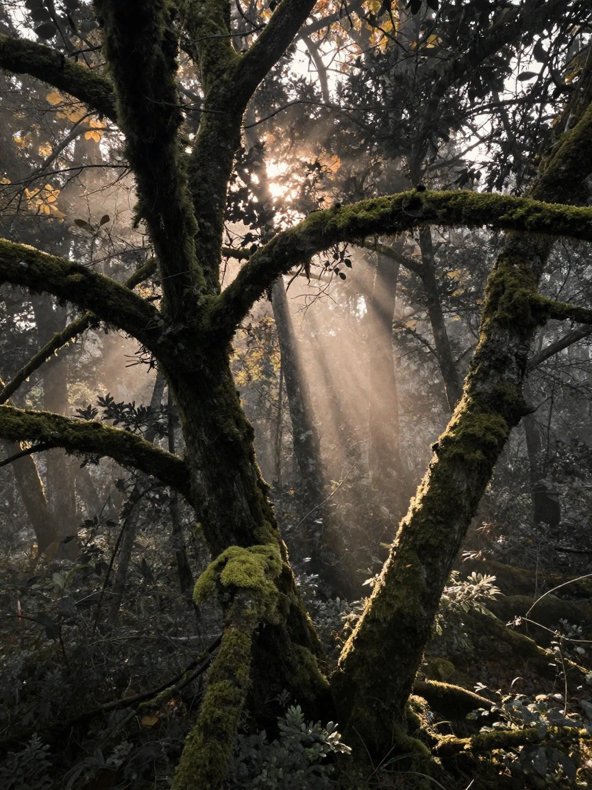 Sunbeams piercing through a dense, moss-covered forest canopy, in low lamplight, as mist rises off the ground, as summer fades into fall, with stark black-and-white contrast softened by a single warm hue, shot from directly overhead.