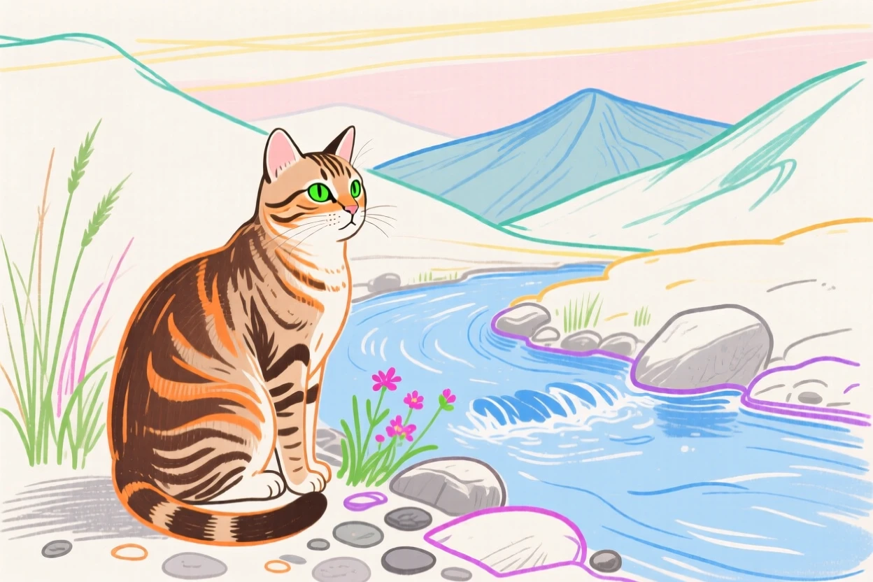A tabby cat watching the horizon beside a mountain stream on a quiet summer afternoon.