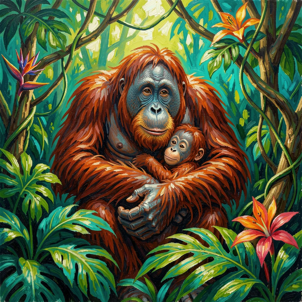 A mother orangutan cradling her baby in the canopy of a dense rainforest.