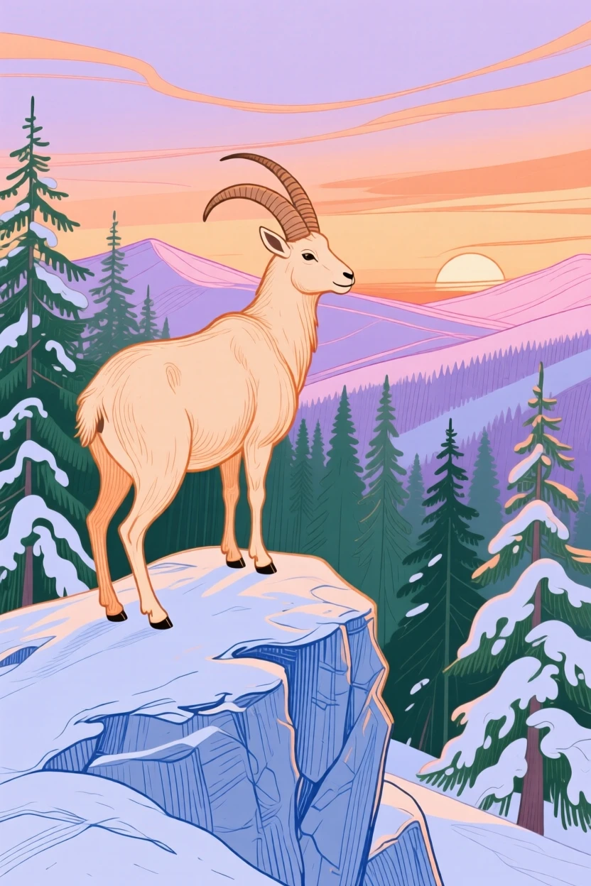 A mountain goat watching the horizon in a snowy pine forest at sunset.
