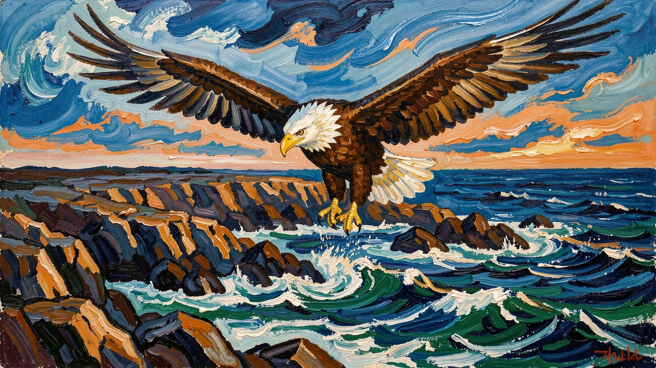 A bald eagle soaring above a rugged coastline, wings spread wide against the sky.