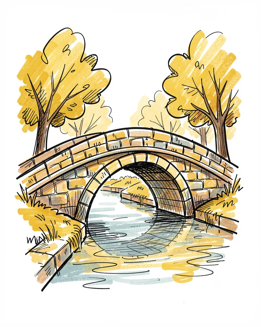 A stone bridge over a quiet canal during a golden autumn afternoon.