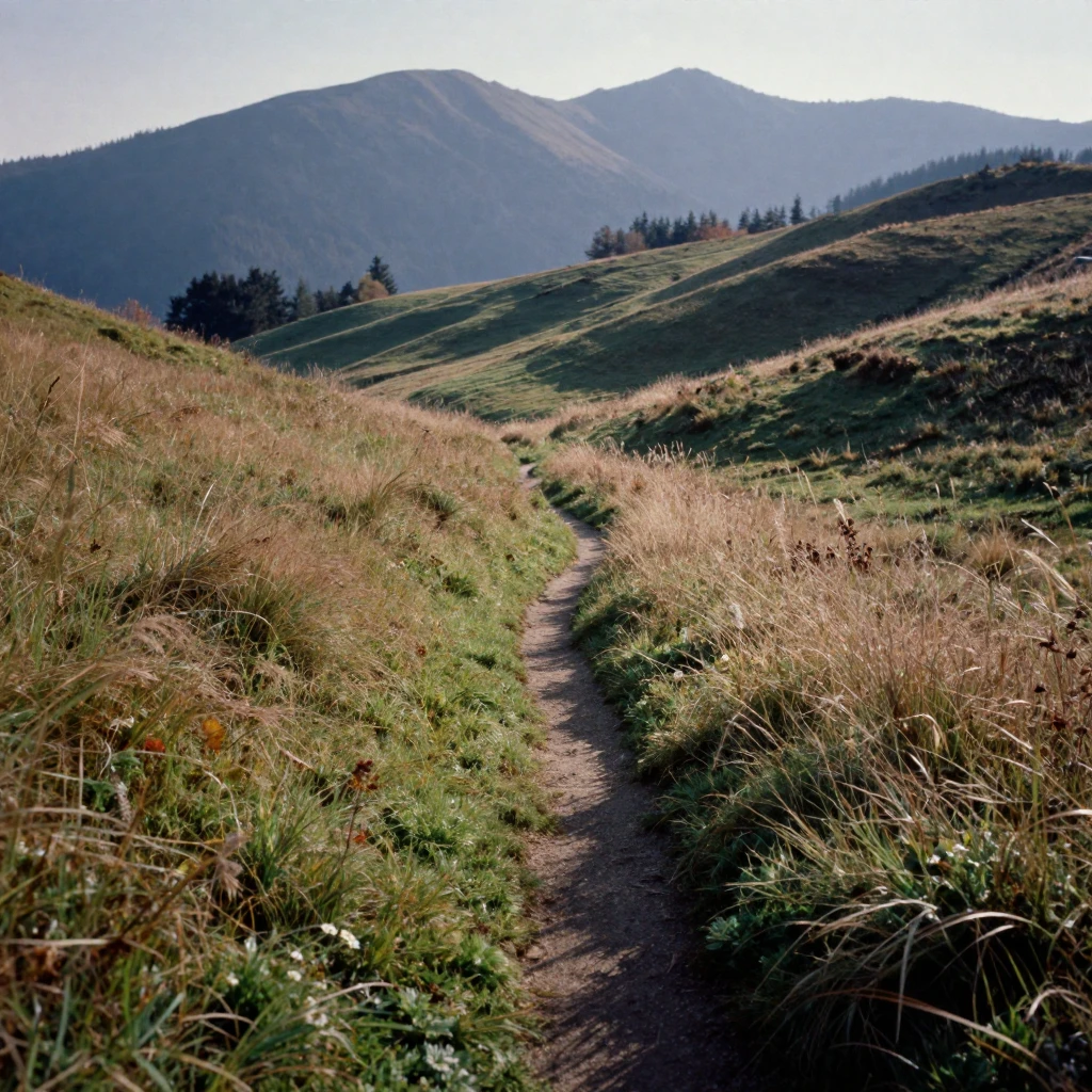 A winding trail cutting through alpine meadows toward distant peaks, in warm morning light, with a soft breeze stirring the air, in late autumn, with deep emerald greens and browns, from a slightly elevated vantage point.