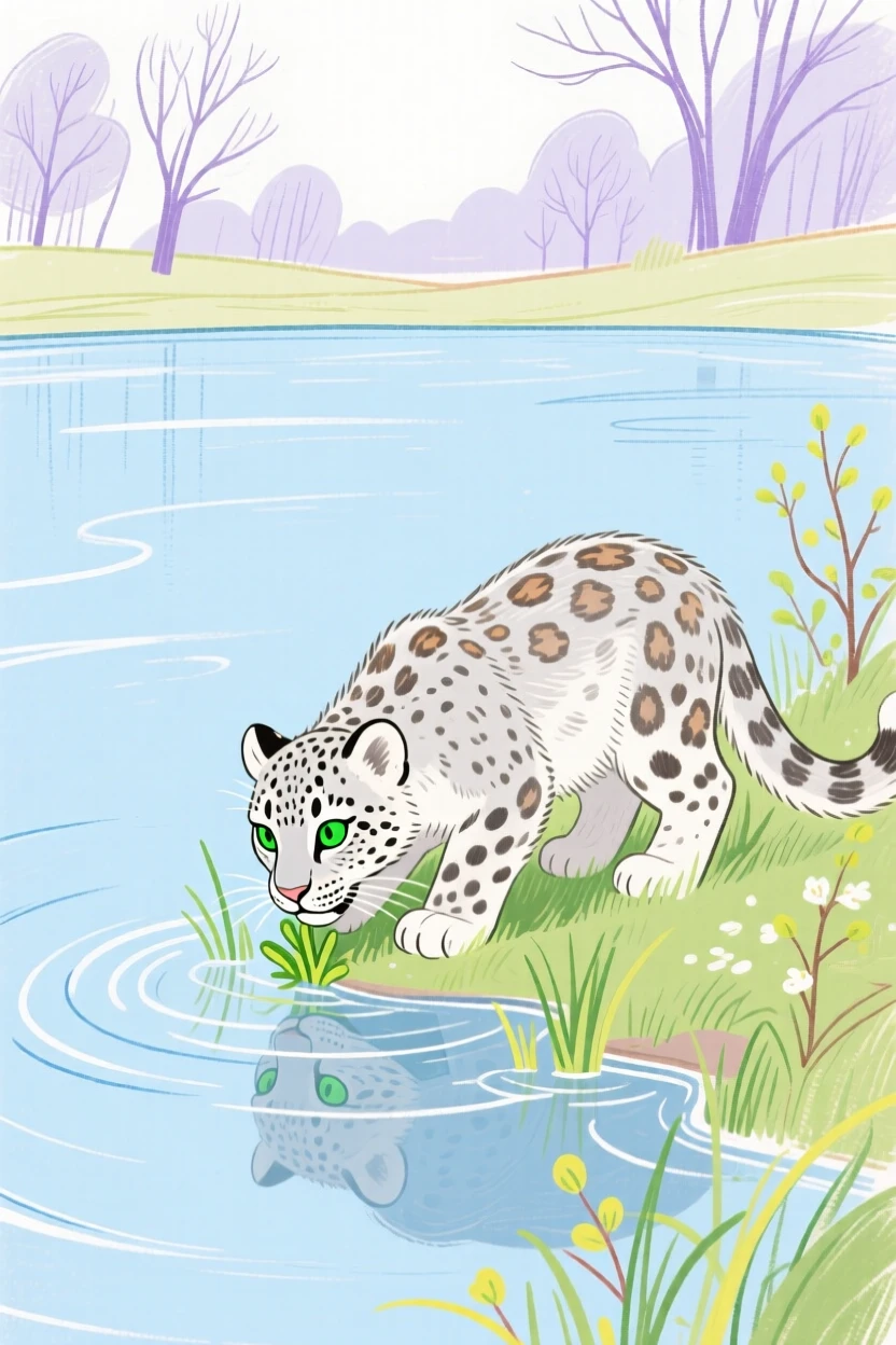 A snow leopard cub grazing beside a still lake in early spring.