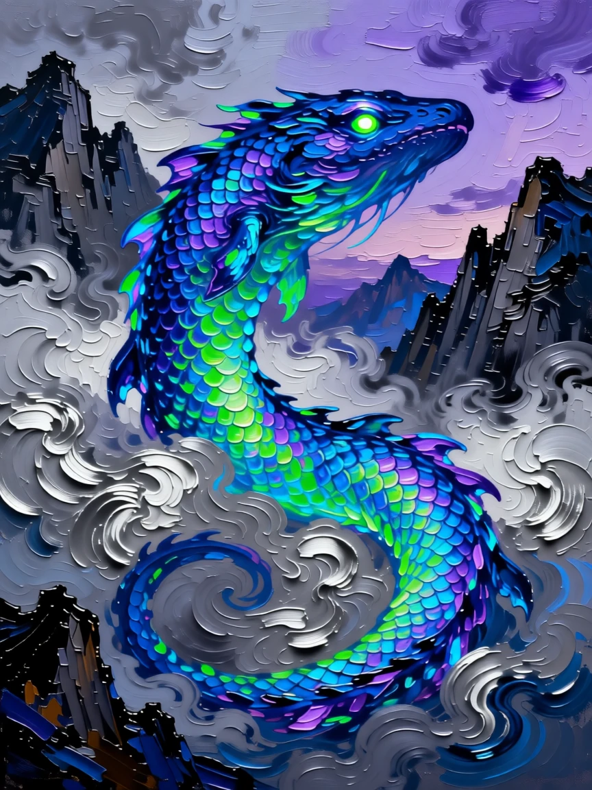 a bioluminescent deep-sea leviathan emerging from a swirling mountain mist