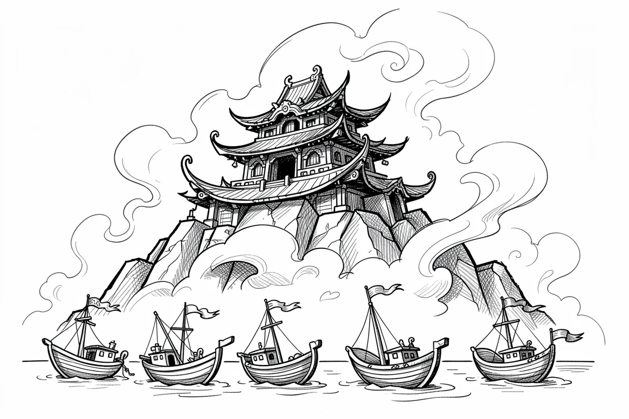 A mountain temple wrapped in fog beside a row of fishing boats.