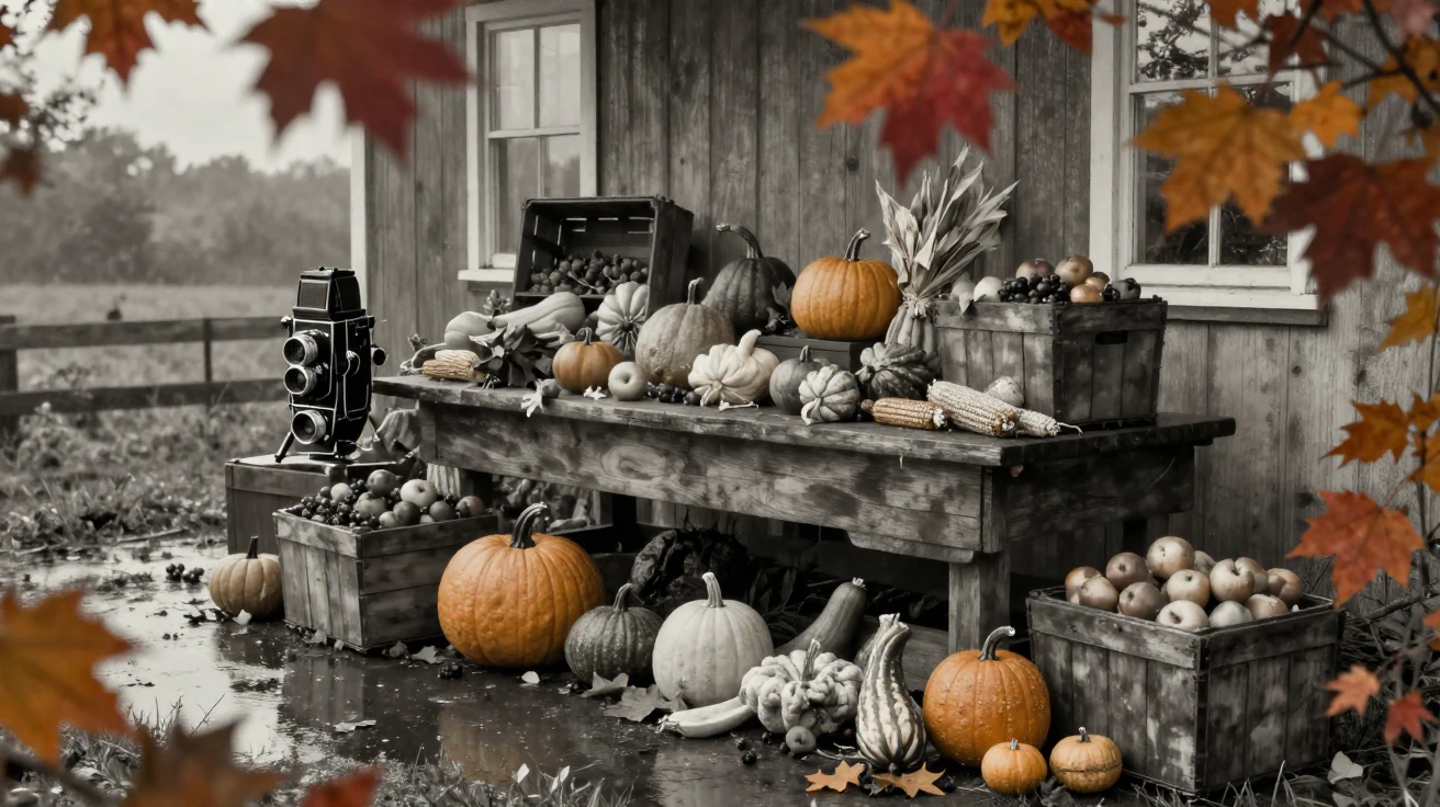 A harvest table laden with squash and autumn produce, in soft window light, just after a rain shower, with puddles reflecting the sky, in autumn, with stark black-and-white contrast softened by a single warm hue, peering through foliage in the foreground.