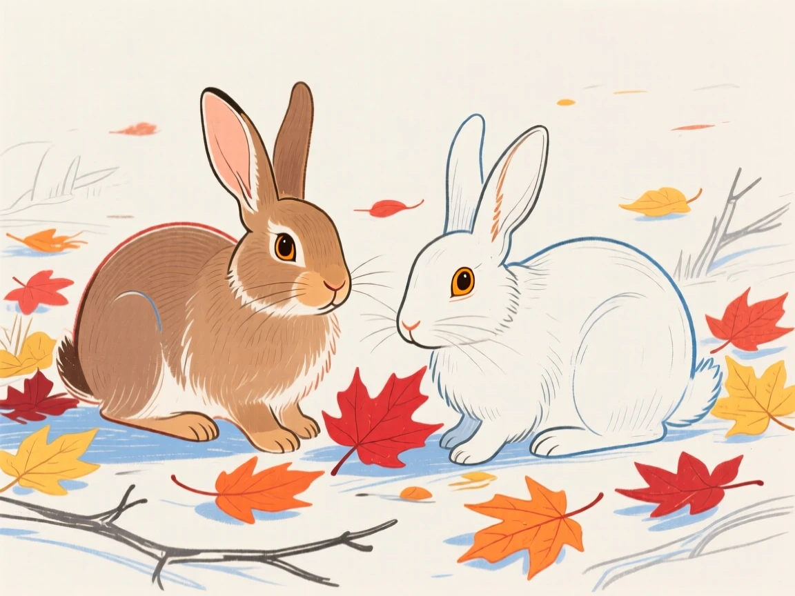 A pair of rabbits exploring among autumn leaves on a crisp autumn day.