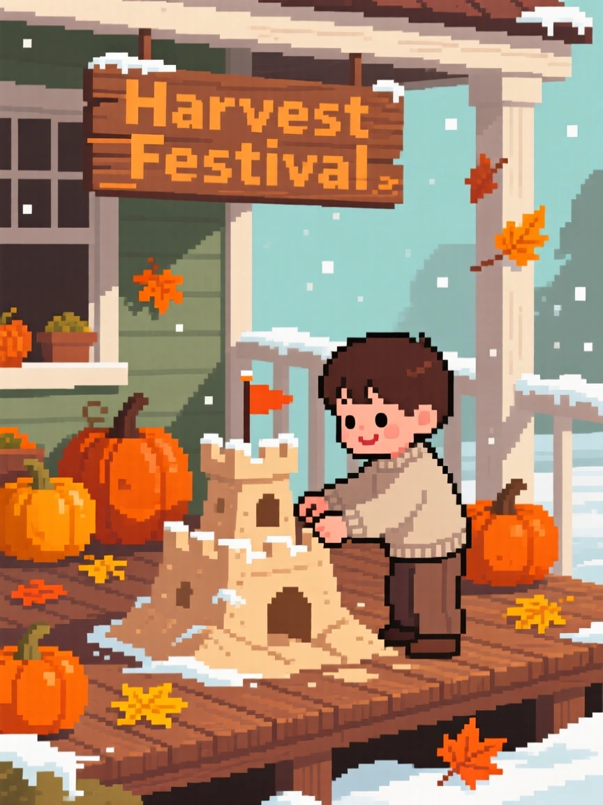 A child building a sandcastle dusted lightly with the season's first frost, on a porch decorated for a harvest festival.