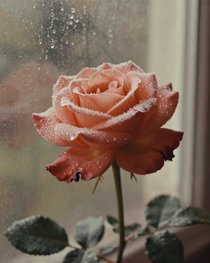 A single dew-covered rose in soft morning light, in soft window light, with frost coating every surface, during the long days of summer, in earthy terracotta and ochre shades, through a rain-streaked window.