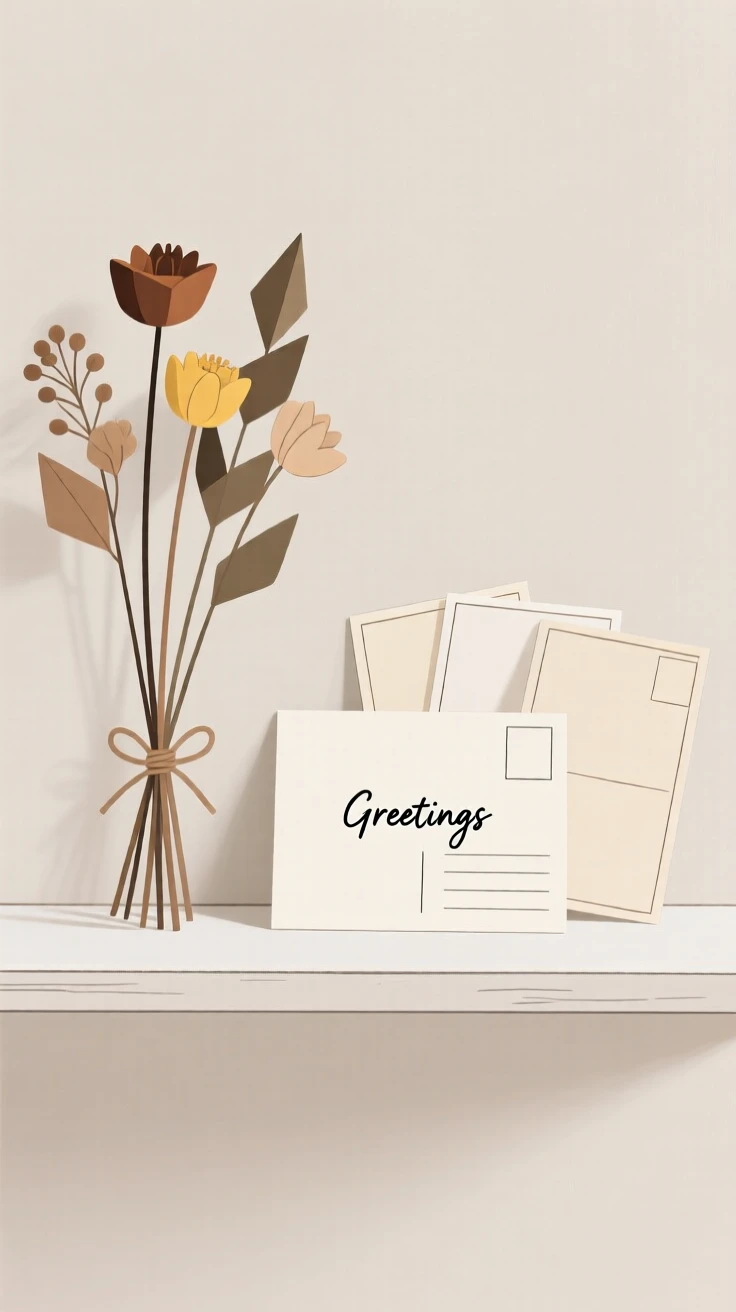 A bouquet of dried flowers resting on a minimalist shelf, surrounded by scattered postcards, evoking gentle sentimentality.