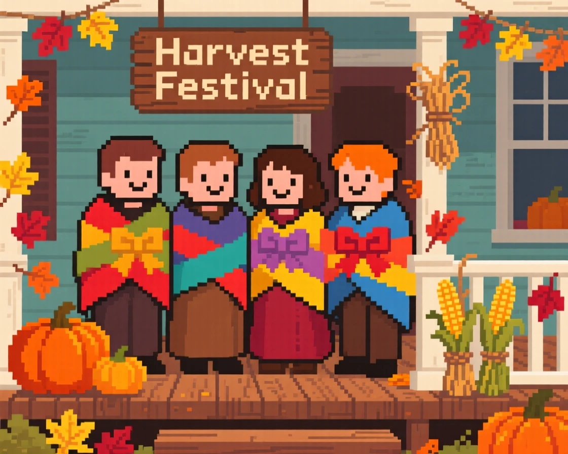 A group of carolers wrapped in ribbons and gift paper, on a porch decorated for a harvest festival.