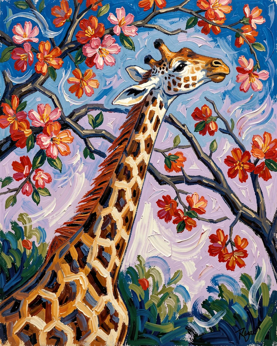 A giraffe reaching gracefully into the high branches of a flowering tree.