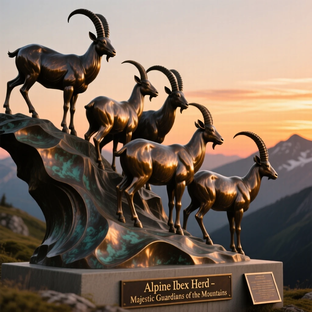 A herd of alpine ibex silhouetted against a sunset ridge, with elegant, flowing form, evoking wonder and majesty