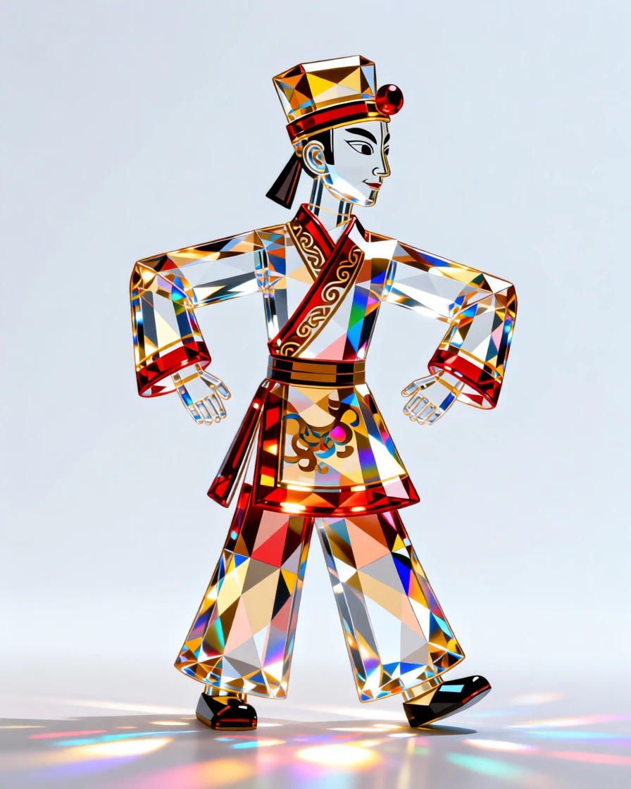 A traditional Chinese shadow puppeteer performing behind a glowing screen.