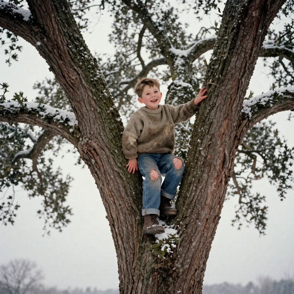 A boy climbing an old oak tree with scraped knees and a grin, under a pale winter sky, in still, windless air, under the first snow of winter, in soft muted pastels, captured from a low angle looking up.