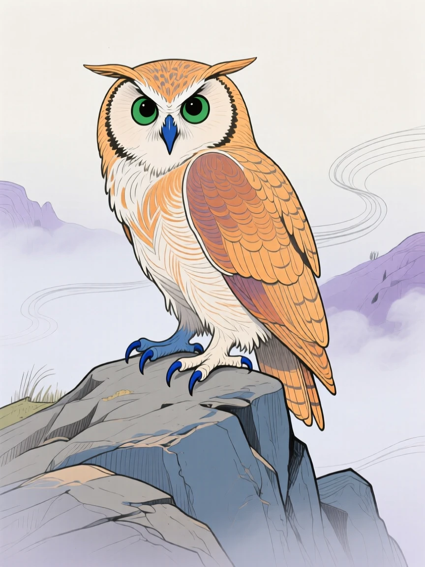 A wise old owl exploring on a rocky hillside as fog rolls in.