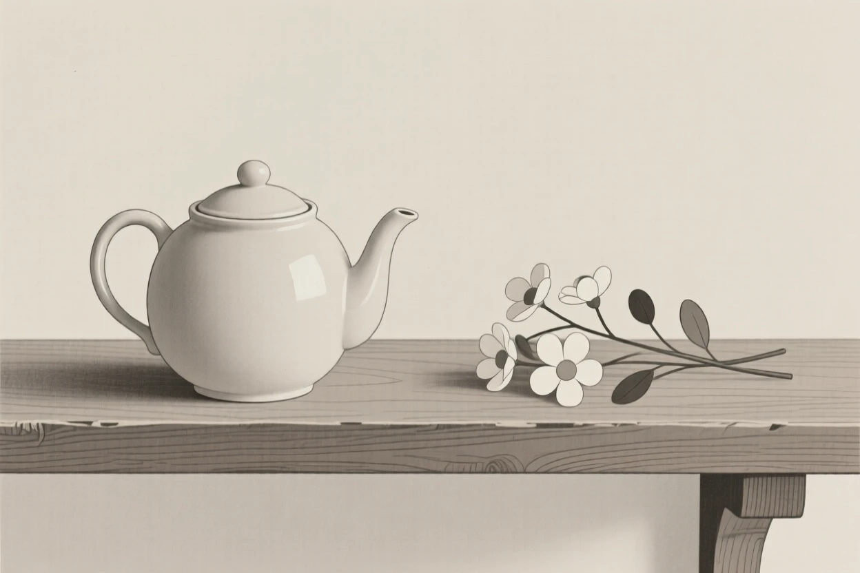 A close-up study of a ceramic teapot placed beside fresh flowers on an antique shelf, full of understated elegance.